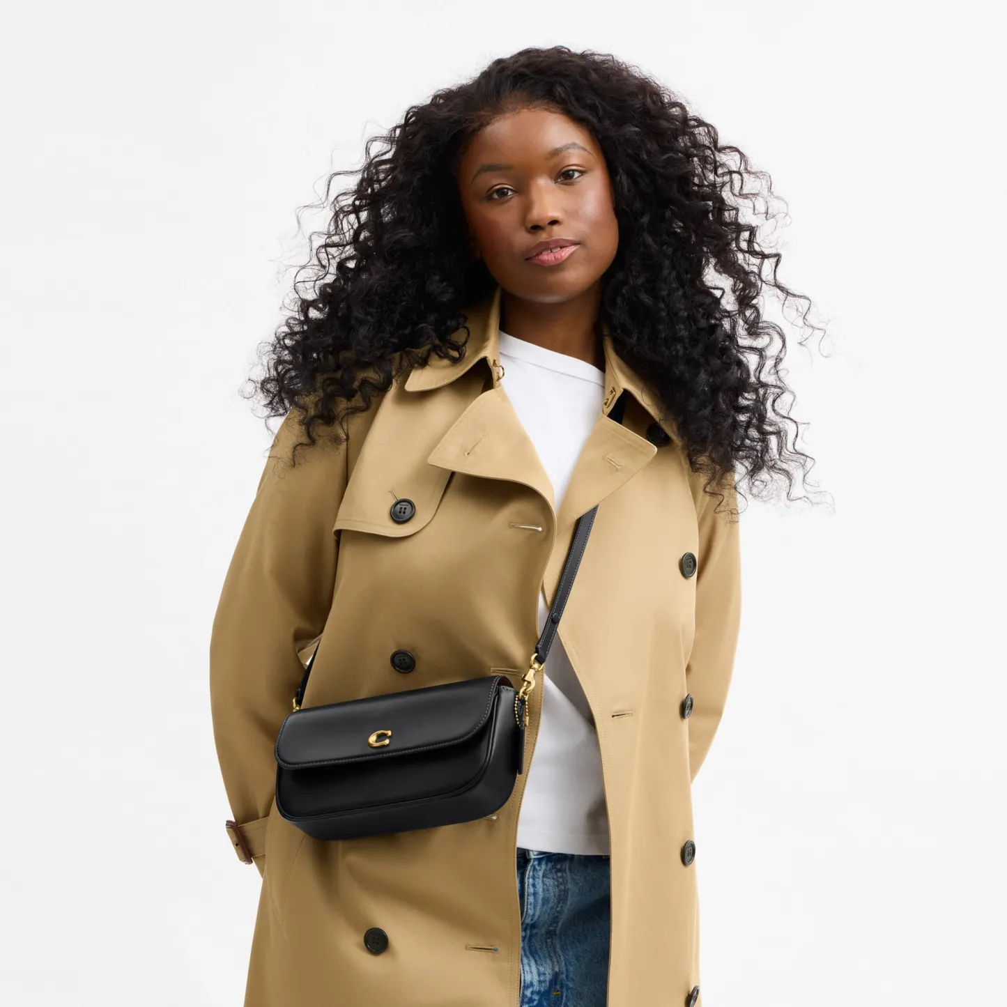 COACH®,Brook Flap Chain Bag,Calfskin Leather,Leather,Fabric,Shoulder Bag,Logo,Metal,Compact,Adjustable,Shoulder Guard,Gold...,Black
