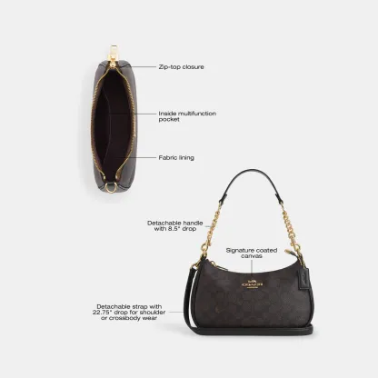 COACH®,Teri Shoulder Bag In Signature Canvas,Shoulder Bag,Logo,Tag Embellishment,Embossed,Metal,Casual,Brown