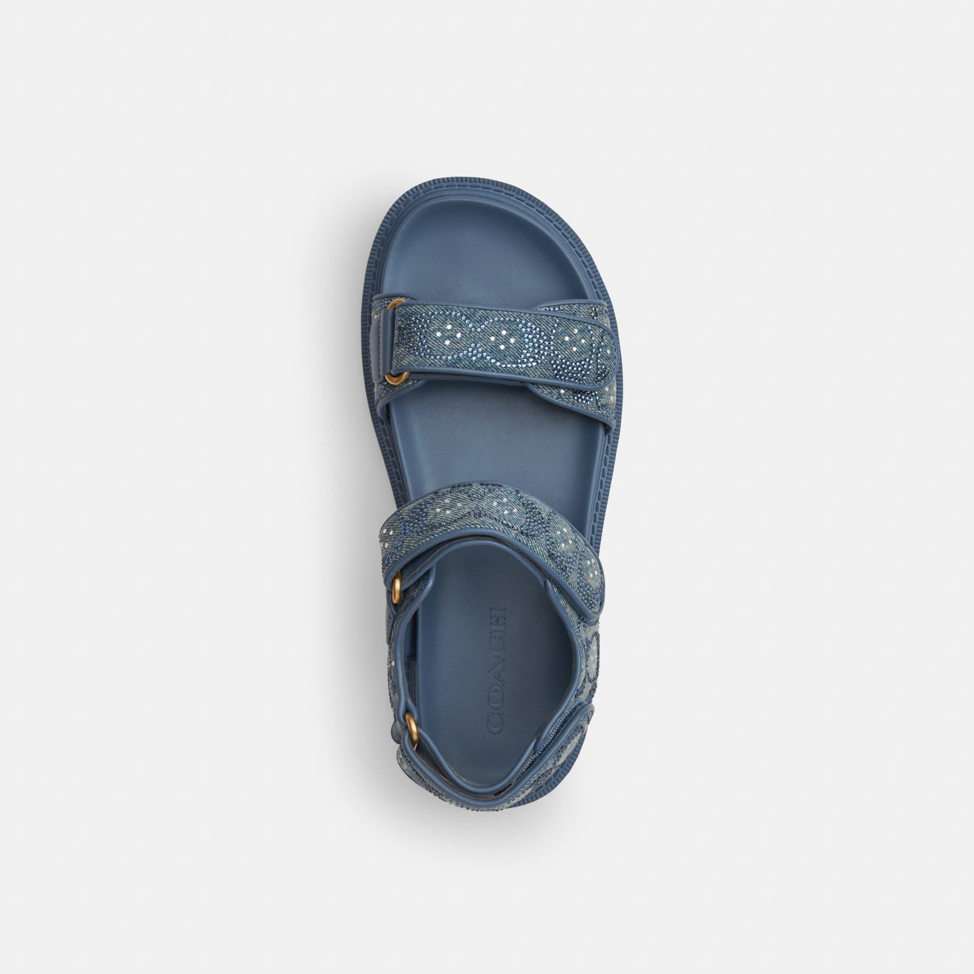 COACH®,Brynn Sandal In Crystal Signature Denim,Denim,Faux Leather,Cotton,Sandals,Crystal,Logo,Shoe Straps,Flexible,Sustain...,Blue,Inside View,Top View
