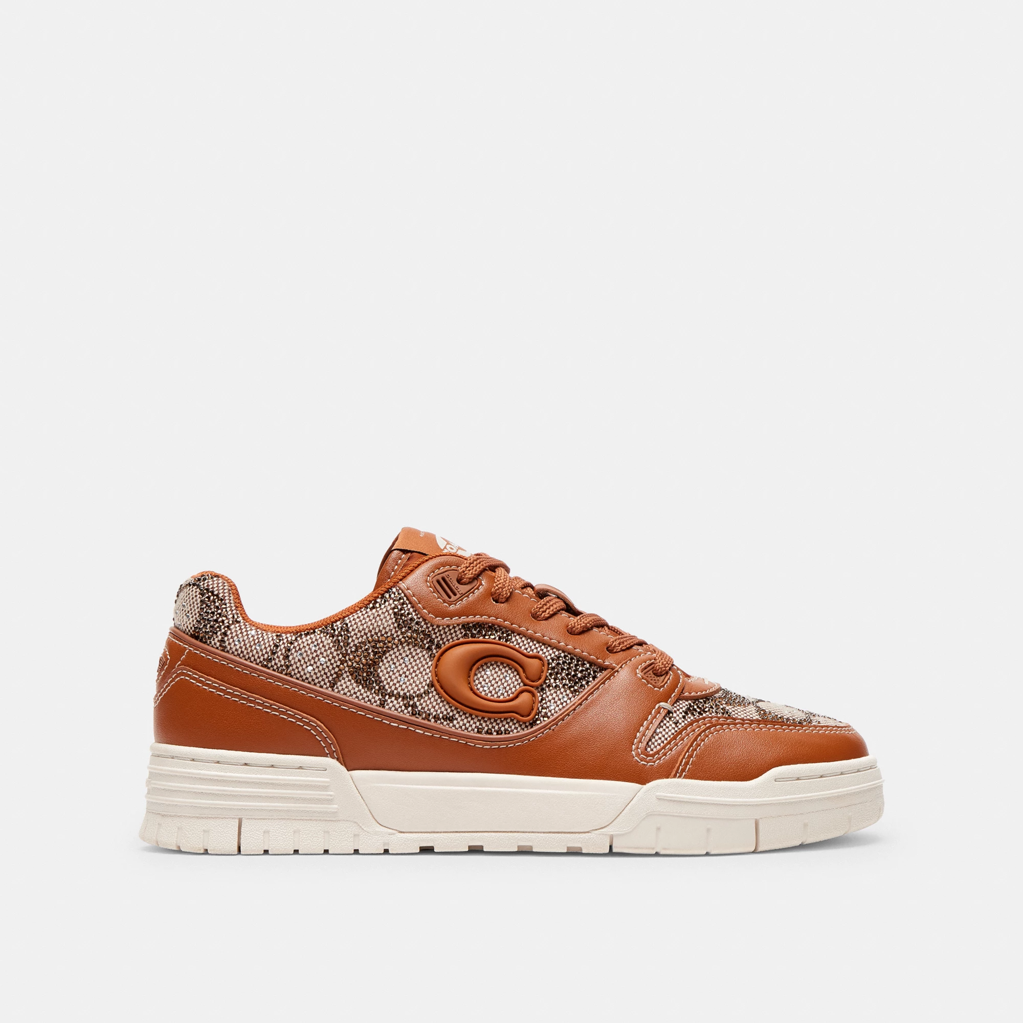 COACH®,Soho Sneaker In Crystal Signature Jacquard,Rubber,Casual,Fabric,Logo,Rhinestones,Pull Tab,Casual,Brown,Angle View