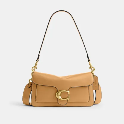 COACH®,Tabby Shoulder Bag 26,Leather,Shoulder Bag,Logo,Metal,Compact,Brass,Casual,Beige,Front View
