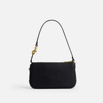 COACH®,Plaza Bag 18,Leather,Shoulder Bag,Compact,Lined,Adjustable,Brass,Gold Metal,Day Party,Black,Back View