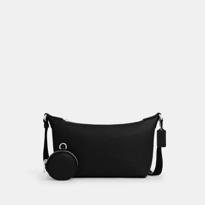 COACH®,Small Finn Crossbody Bag With Pouch,Leather,Recycled Polyester,Crossbody,Pouch,Logo,Set,Adjustable,Silver Metal,Casual,Black,Front View