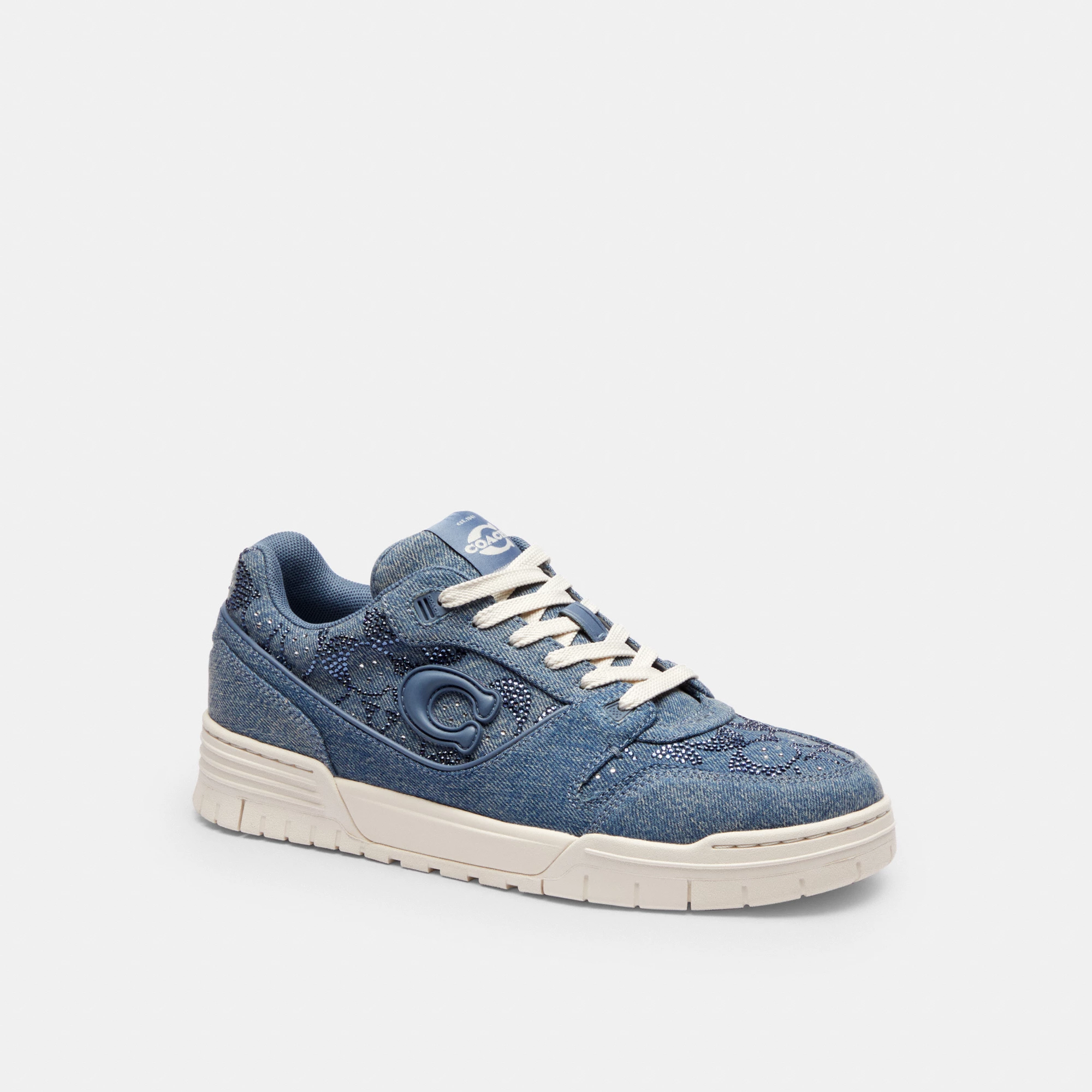 COACH®,Soho Sneaker In Signature Denim,Denim,EVA,Rubber,Recycled Polyester,Recycled Rubber,Low Top,Activewear,Fabric,Logo,...,Blue,Front View