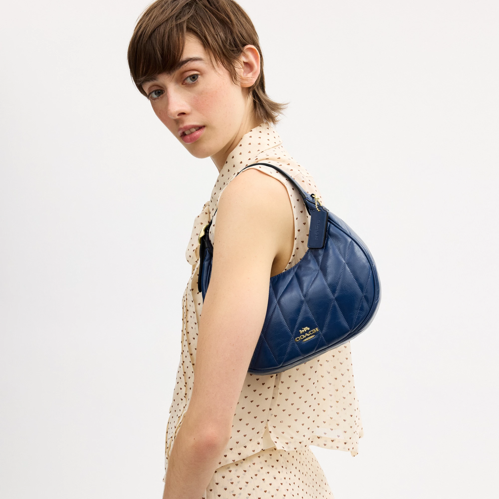 COACH®,Emily Shoulder Bag With Quilting,Recycled Polyester,Leather,Hobo,Pendant,Metal,Sustainable,Adjustable,Gold Metal,Da...,Blue,Detail View