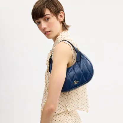 COACH®,Emily Shoulder Bag With Quilting,Recycled Polyester,Leather,Hobo,Pendant,Metal,Sustainable,Adjustable,Gold Metal,Da...,Blue,Detail View