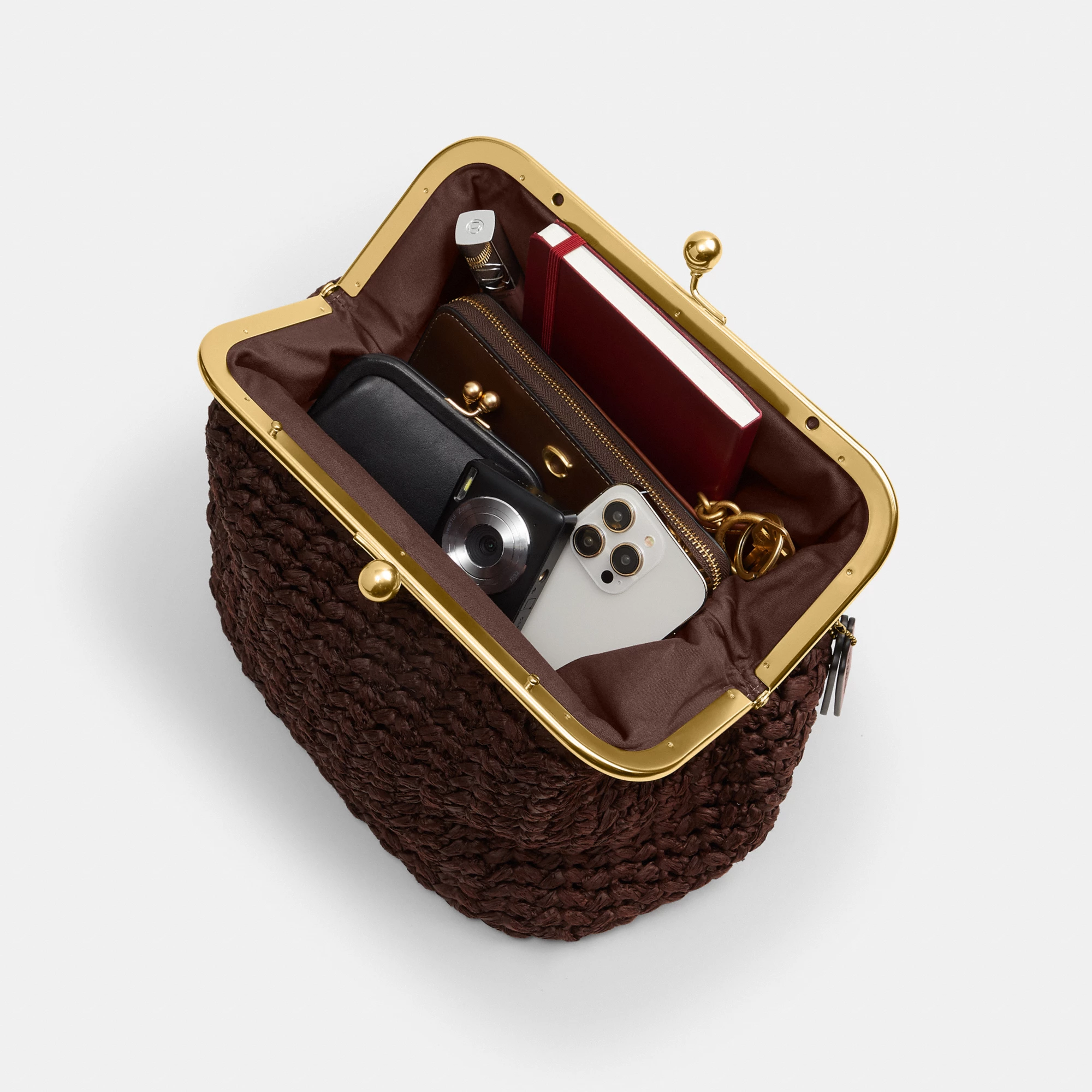 COACH®,Kisslock Frame Bag 27,Cotton,Calfskin Leather,Clutch,Metal Material,Straw,Pendant,Lined,Brass,Day Party,Brown,Inside View,Top View