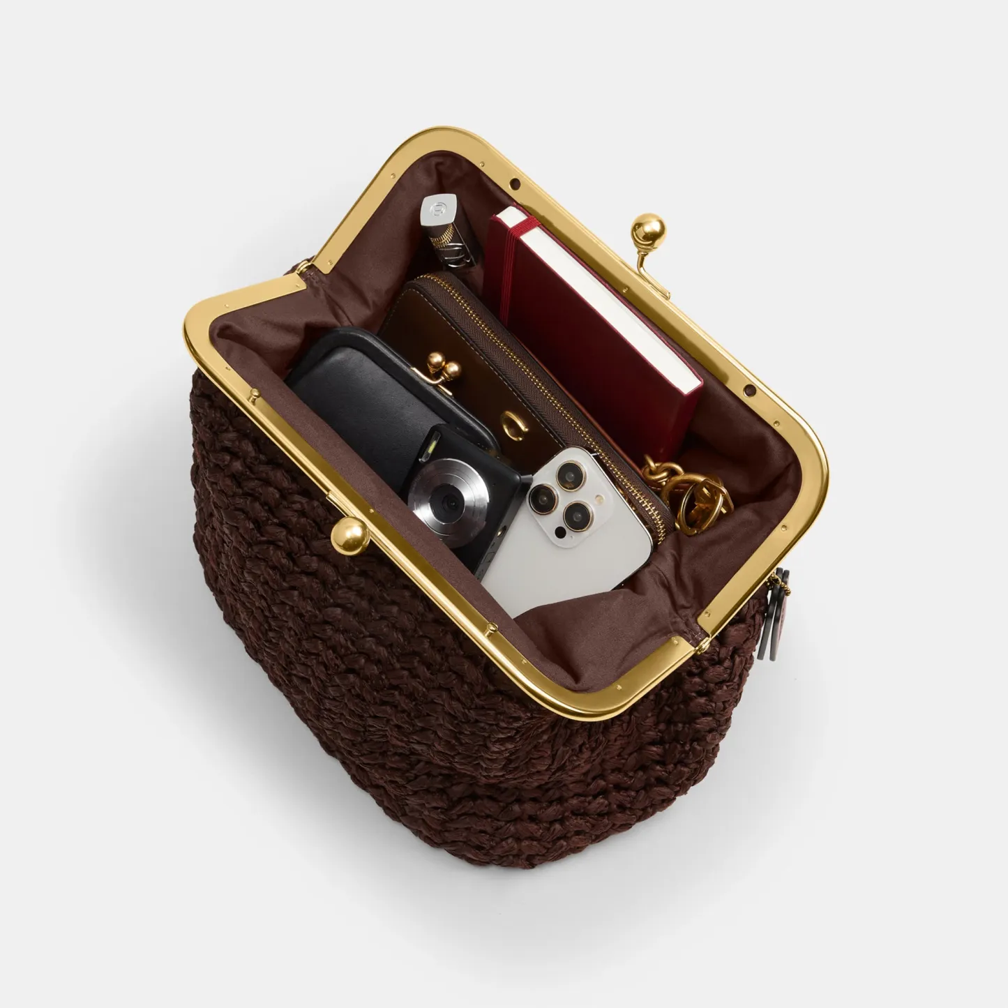 COACH®,Kisslock Frame Bag 27,Cotton,Calfskin Leather,Clutch,Metal Material,Straw,Pendant,Lined,Brass,Day Party,Brown,Inside View,Top View