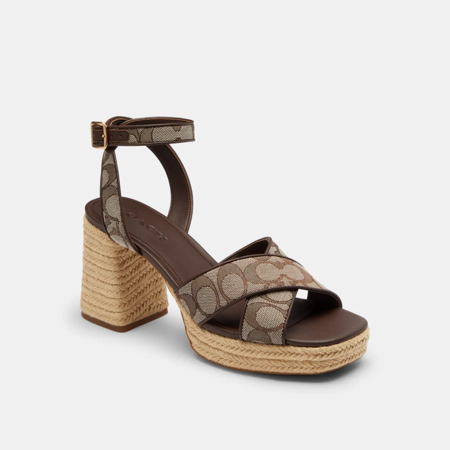COACH®,Block Heel Sandal In Signature Jacquard,Brown,Front View