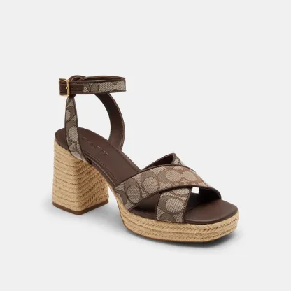 COACH®,Block Heel Sandal In Signature Jacquard,Brown,Front View