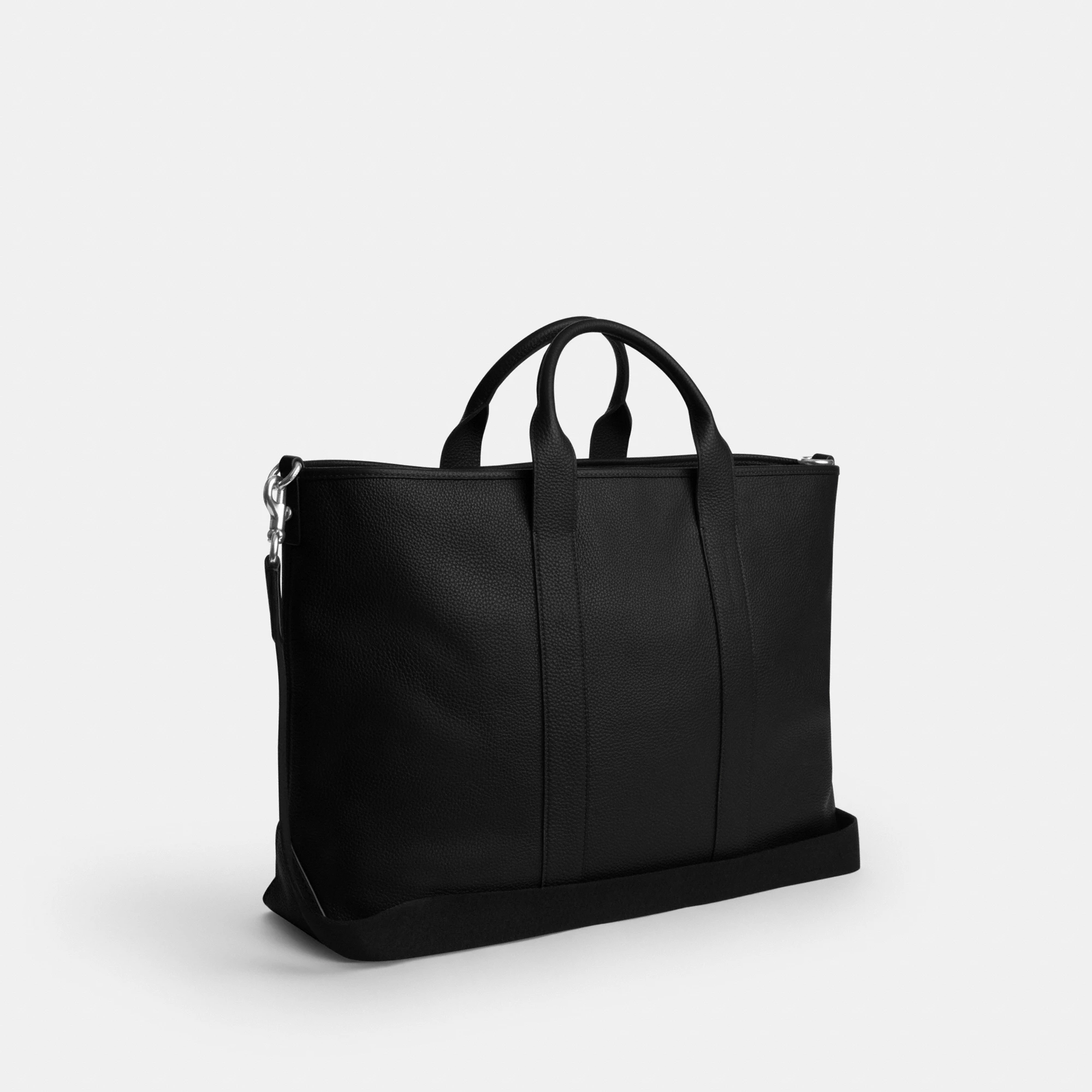 COACH®,Grayson Tote Bag,Leather,Recycled Polyester,Tote,Sustainable,Silver Metal,Work, Father's Day,Black,Angle View