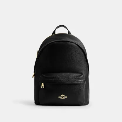 COACH®,Taylor Small Backpack,Recycled Polyester,Leather,Lining Recycled Polyester,Polyester,Backpack,Metal,Logo,Lined,Padd...,Black,Front View
