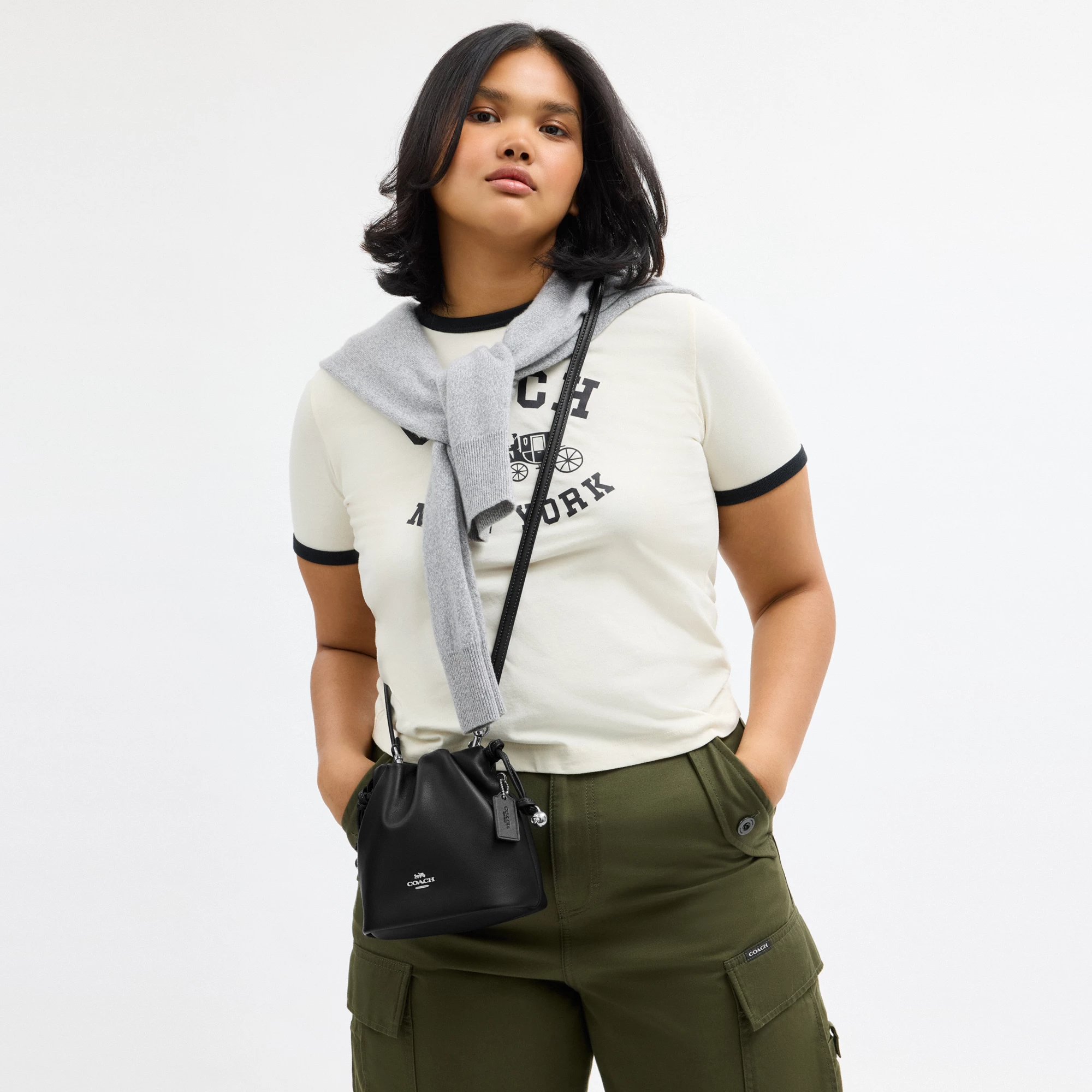 COACH®,Faye Mini Drawstring Bag,Leather,Bucket,Logo,Metal,Silver Metal,Day Party,Black