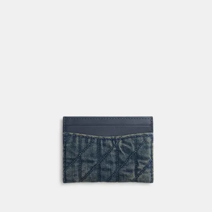 COACH®,Essential Card Case In Regenerative Cotton Denim With Quilting,Denim,Leather,Cotton,Card Case,Logo,Metal,Casual,Navy,Back View