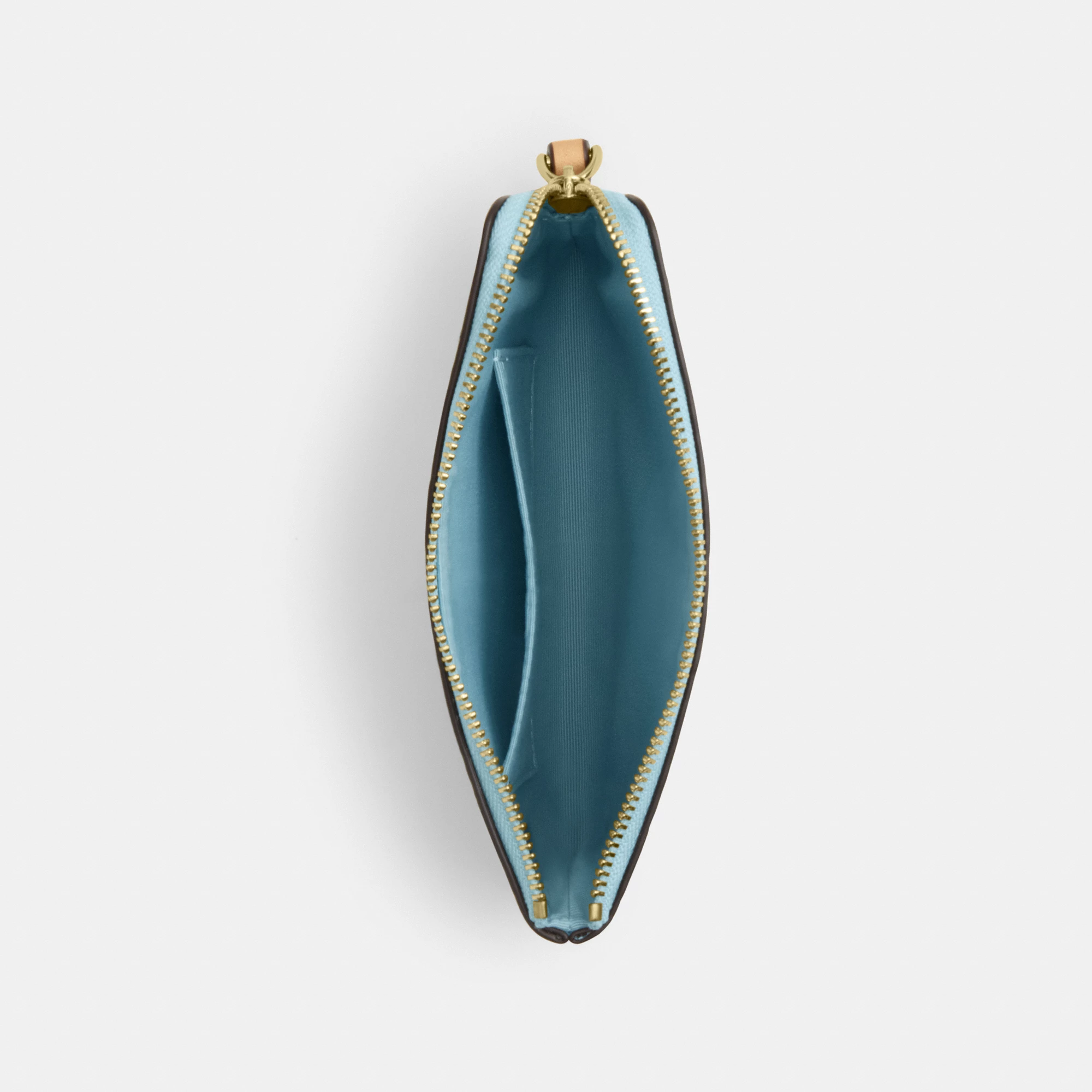 COACH®,Corner Zip Wristlet In Signature Leather,Leather,Recycled Polyester,Wristlet,Gold Metal,Casual,Blue,Inside View,Top View