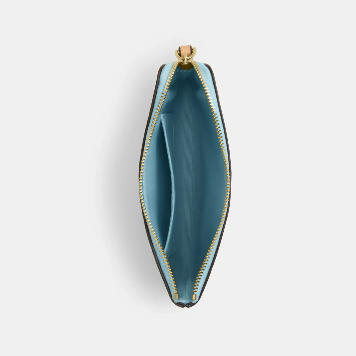 COACH®,Corner Zip Wristlet In Signature Leather,Leather,Recycled Polyester,Wristlet,Gold Metal,Casual,Blue,Inside View,Top View
