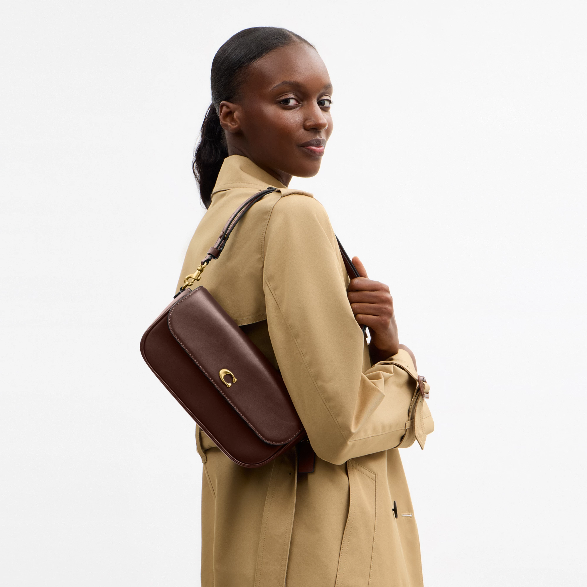 COACH®,Brook Flap Chain Bag,Calfskin Leather,Leather,Fabric,Shoulder Bag,Logo,Metal,Compact,Adjustable,Shoulder Guard,Gold...,Brown,Detail View