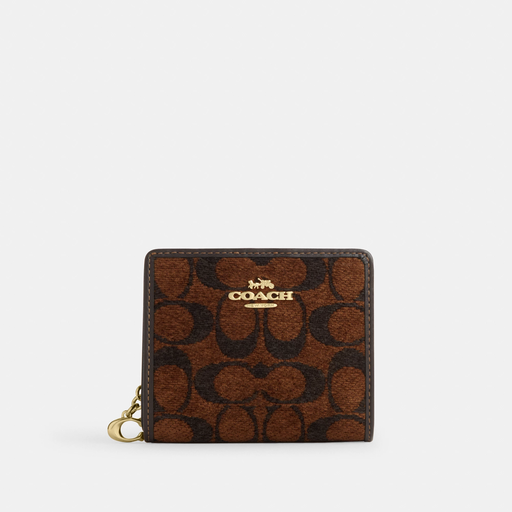 COACH®,Snap Wallet In Signature Chenille,Leather,Bi Fold,Logo,Metal,Key Ring,Casual,Brown,Front View
