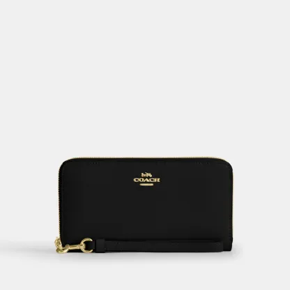 COACH®,Long Zip Around Wallet,Leather,Wristlet,Continental,Logo,Metal,Casual,Black,Front View