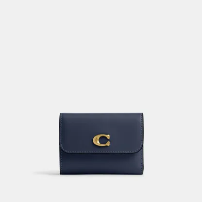 COACH®,Essential Card Holder Wallet,Leather,Calfskin Leather,Card Case,Bi Fold,Logo,Metal,Casual,Navy,Front View