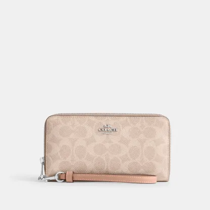 COACH®,Long Zip Around Wallet In Signature Canvas,Continental,Coin,Sustainable,Casual,Beige,Front View