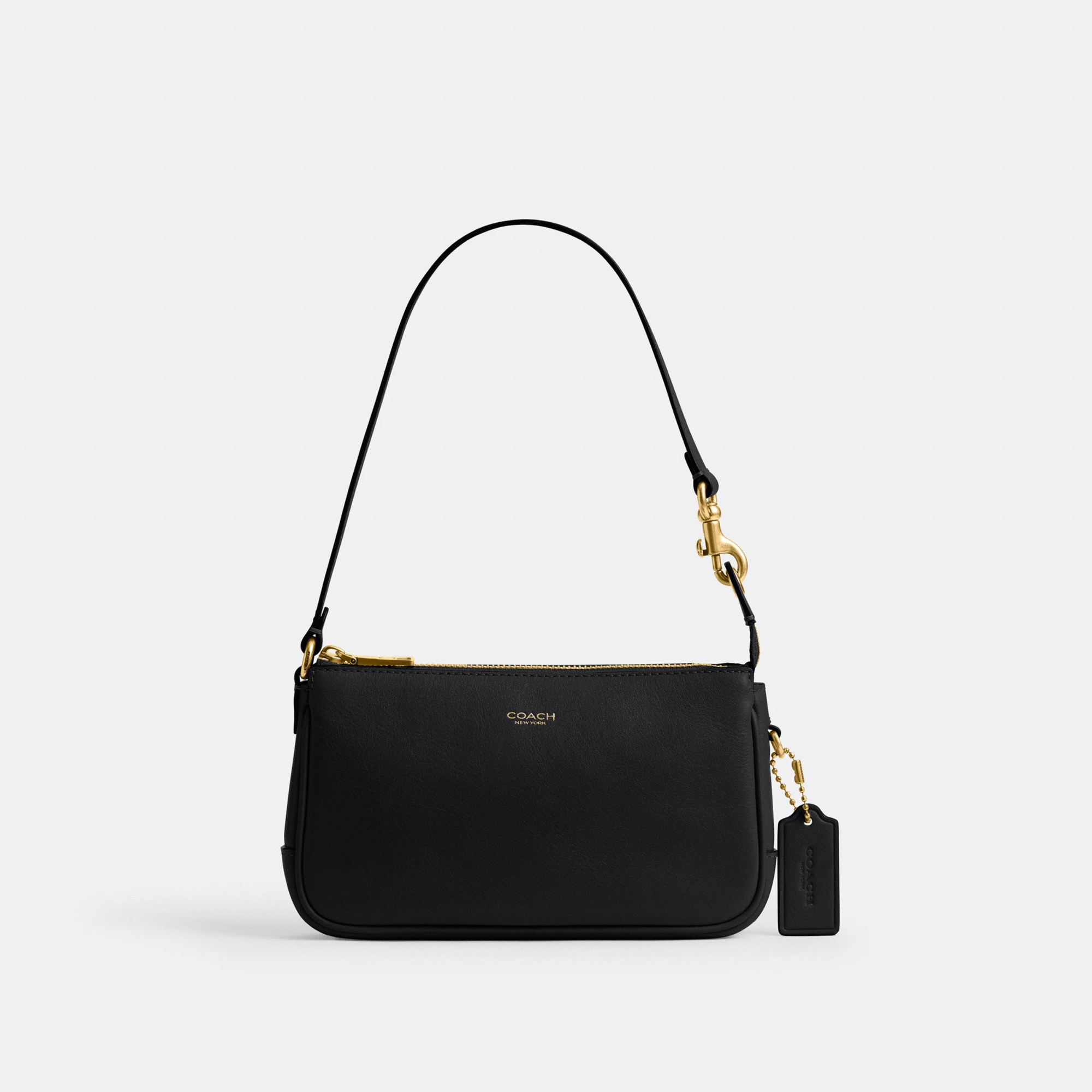 COACH®,Plaza Bag 18,Leather,Shoulder Bag,Compact,Lined,Adjustable,Brass,Gold Metal,Day Party,Black,Front View