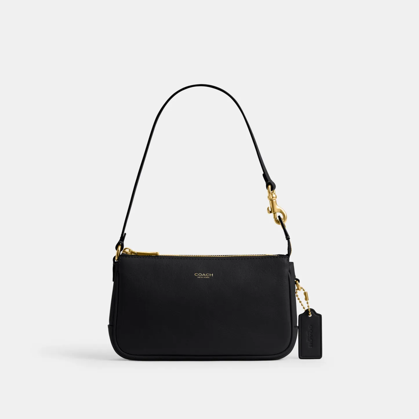 COACH®,Plaza Bag 18,Leather,Shoulder Bag,Compact,Lined,Adjustable,Brass,Gold Metal,Day Party,Black,Front View