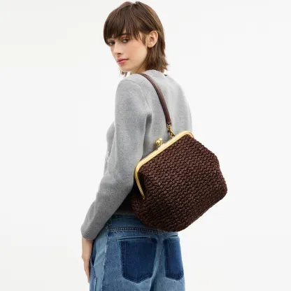 COACH®,Kisslock Frame Bag 27,Cotton,Calfskin Leather,Clutch,Metal Material,Straw,Pendant,Lined,Brass,Day Party,Brown,Detail View