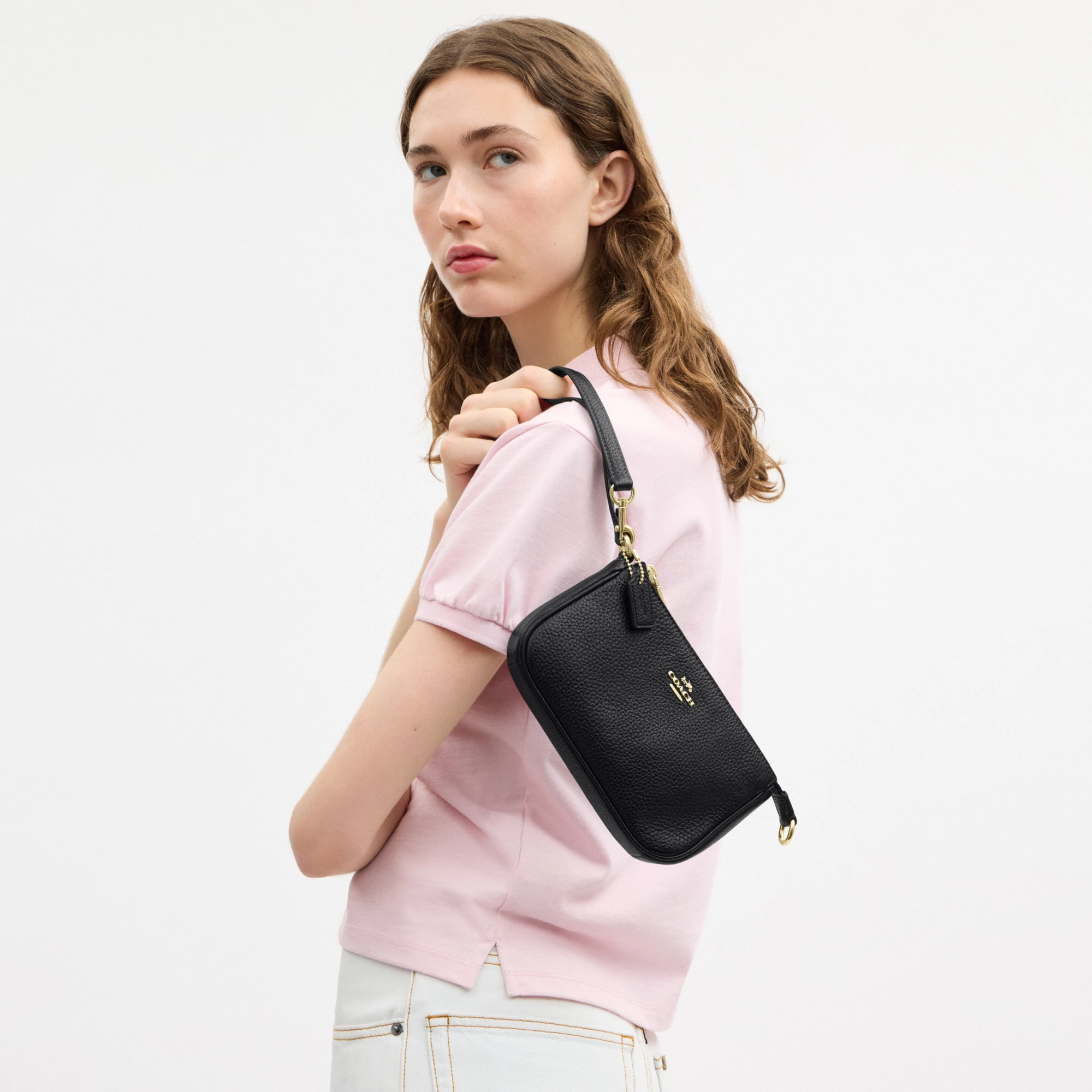 COACH®,Nolita 19,Leather,Pouch,Wristlet,Metal,Logo,Gold Metal,Casual,Black,Detail View