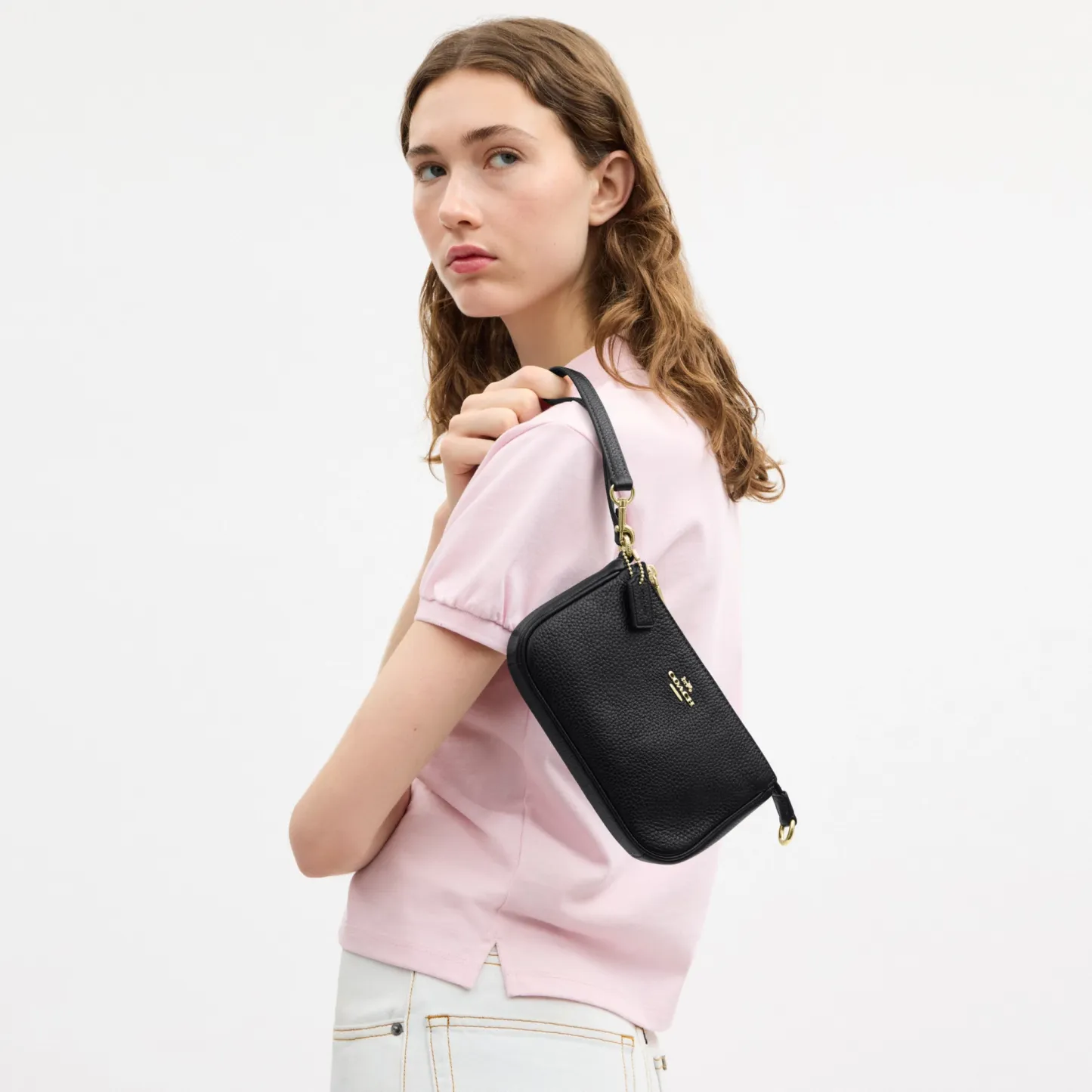 COACH®,Nolita 19,Leather,Pouch,Wristlet,Metal,Logo,Gold Metal,Casual,Black,Detail View