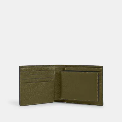 COACH®,3-In-1 Wallet,Leather,Bi Fold,Casual, Father's Day,Olive,Inside View,Top View