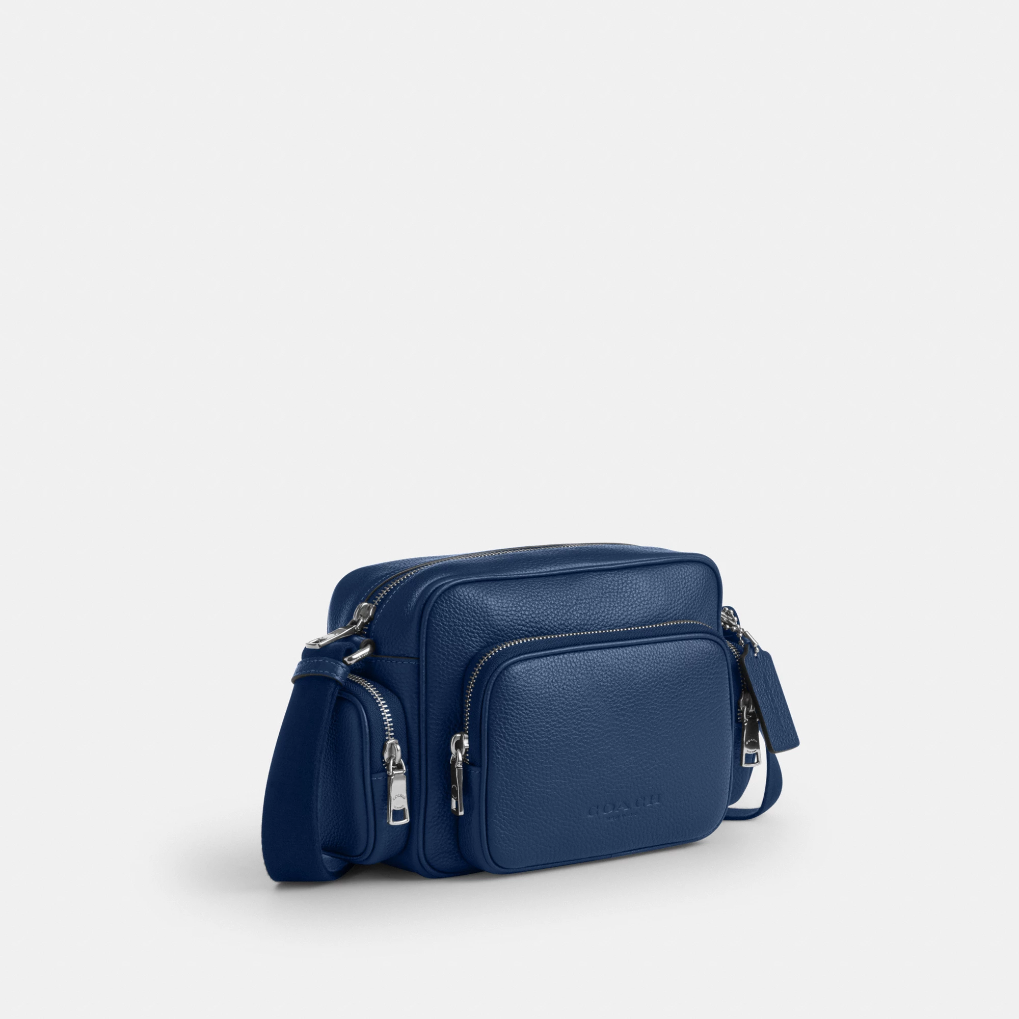COACH®,Fletcher Crossbody Bag,Leather,Crossbody,Metal Material,Metal,Sustainable,Adjustable,Silver Metal,Casual,Blue,Angle View