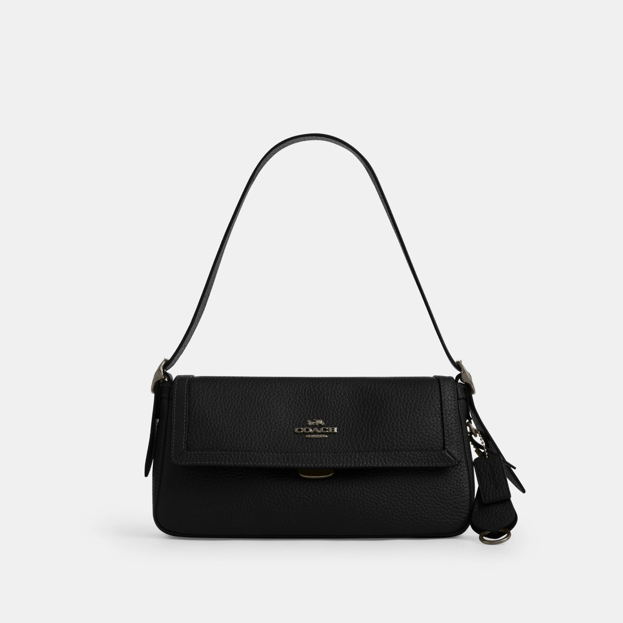 COACH®,Etta Small Flap Shoulder Bag,Leather,Shoulder Bag,Metal,Logo,Compact,Lined,Adjustable,Casual,Black,Front View