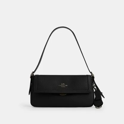 COACH®,Etta Small Flap Shoulder Bag,Leather,Shoulder Bag,Metal,Logo,Compact,Lined,Adjustable,Casual,Black,Front View