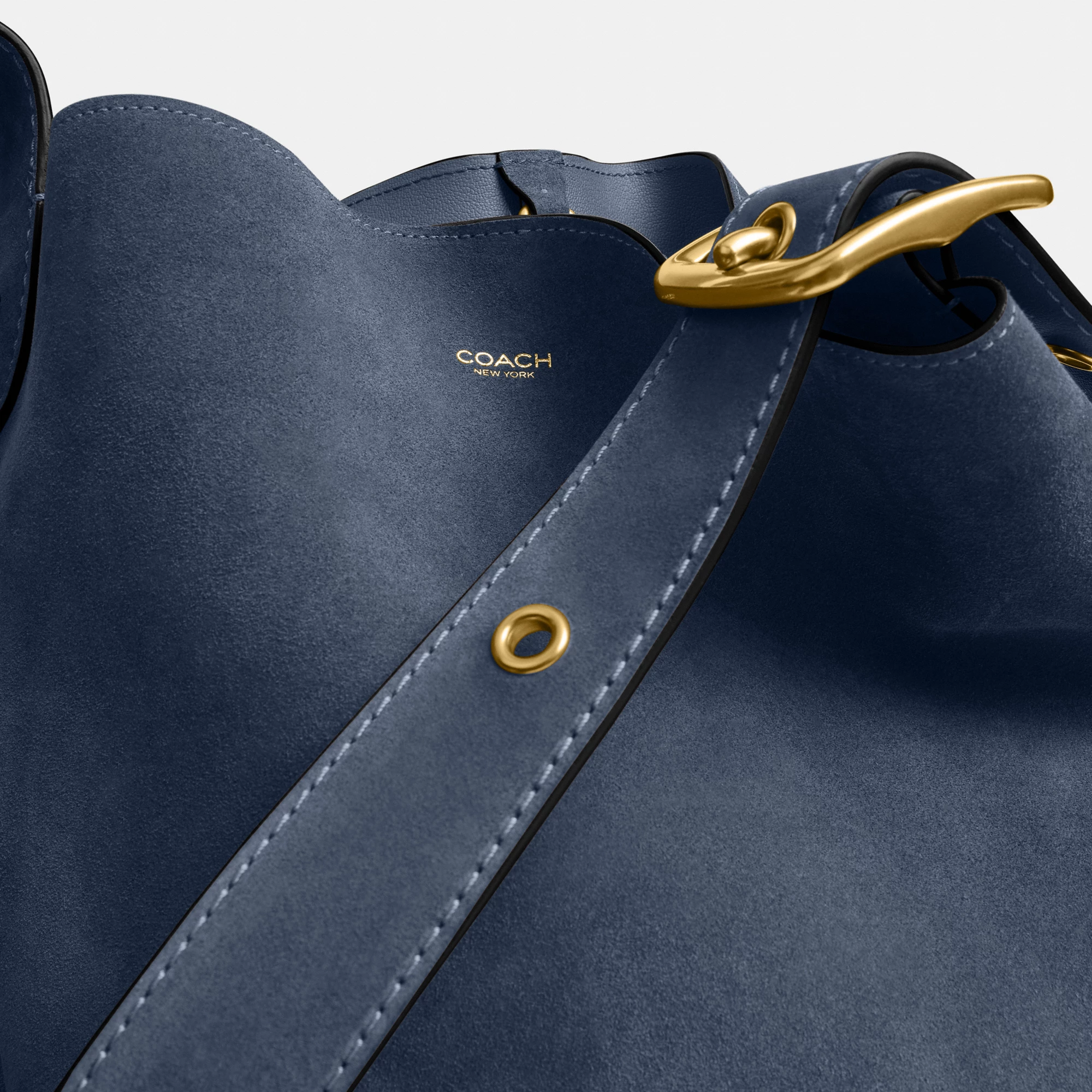 COACH®,Bleecker Bucket Bag,Leather,Suede,Bucket,Hobo,Embellished,Lined,Adjustable,Gold Metal,Casual,Navy,Closer View