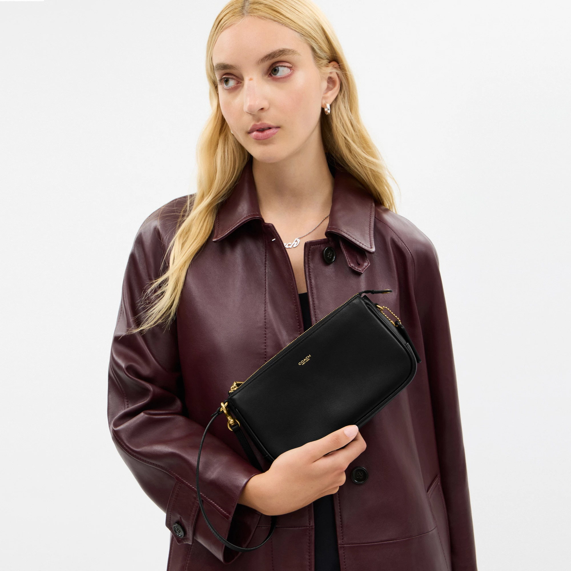 COACH®,Plaza Bag,Fabric,Leather,Shoulder Bag,Logo,Compact,Lined,Gold Metal,Casual,Black,Detail View