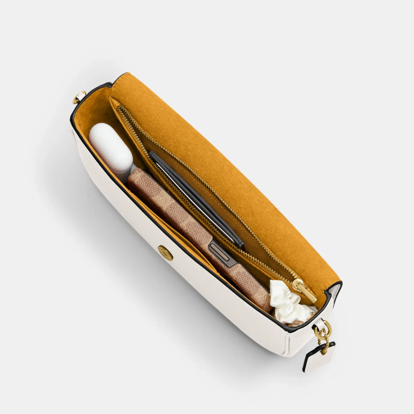 COACH®,Brook Flap Chain Bag,Calfskin Leather,Leather,Fabric,Shoulder Bag,Logo,Metal,Compact,Adjustable,Shoulder Guard,Gold...,White,Inside View,Top View