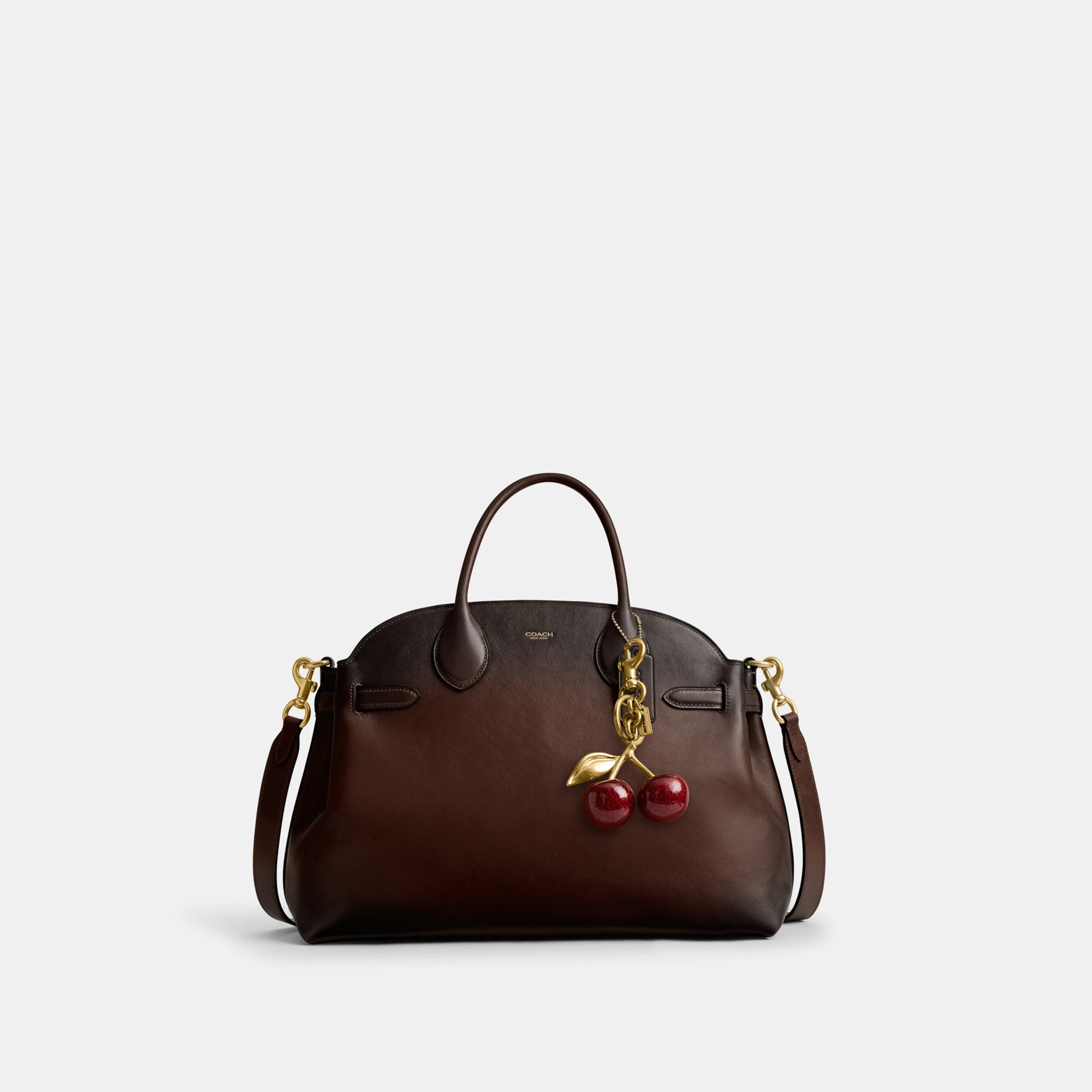 COACH®,Soft Empire Carryall Bag 40,Leather,Carryall,Logo,Gusset,Gold Metal,Work,Brown,Angle View