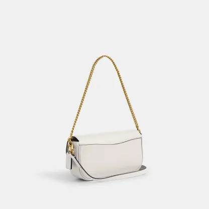 COACH®,Brook Flap Chain Bag,Calfskin Leather,Leather,Fabric,Shoulder Bag,Logo,Metal,Compact,Adjustable,Shoulder Guard,Gold...,White,Angle View
