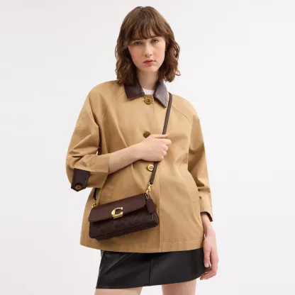 COACH®,Jet Shoulder Bag In Signature Canvas,Calfskin Leather,Canvas,Leather,Shoulder Bag,Metal,Logo,Lined,Brass,Day Party,Brown,Detail View