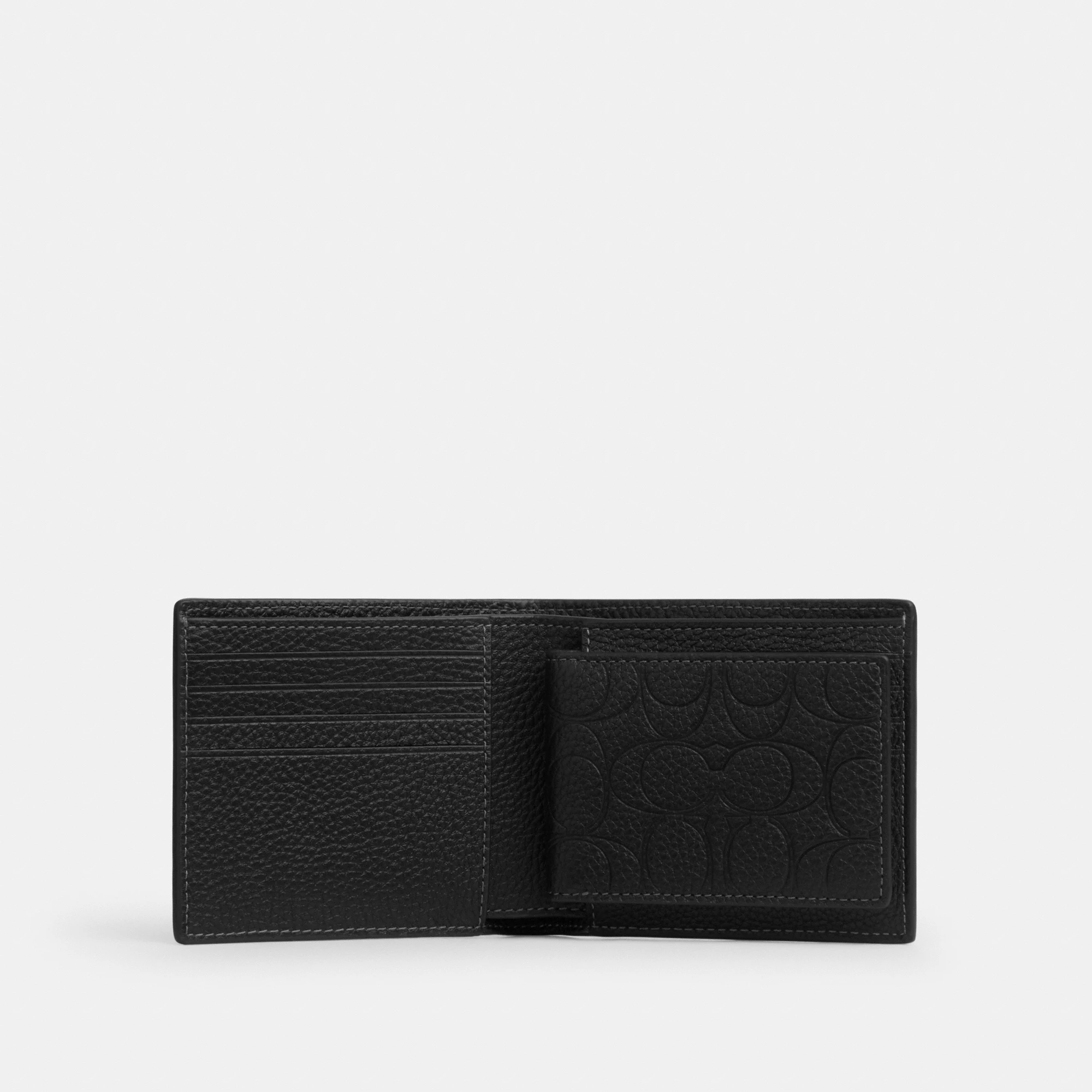 COACH®,3-In-1 Wallet In Signature Leather,Leather,Passcase Wallet,Embossed,Casual,Black,Inside View,Top View