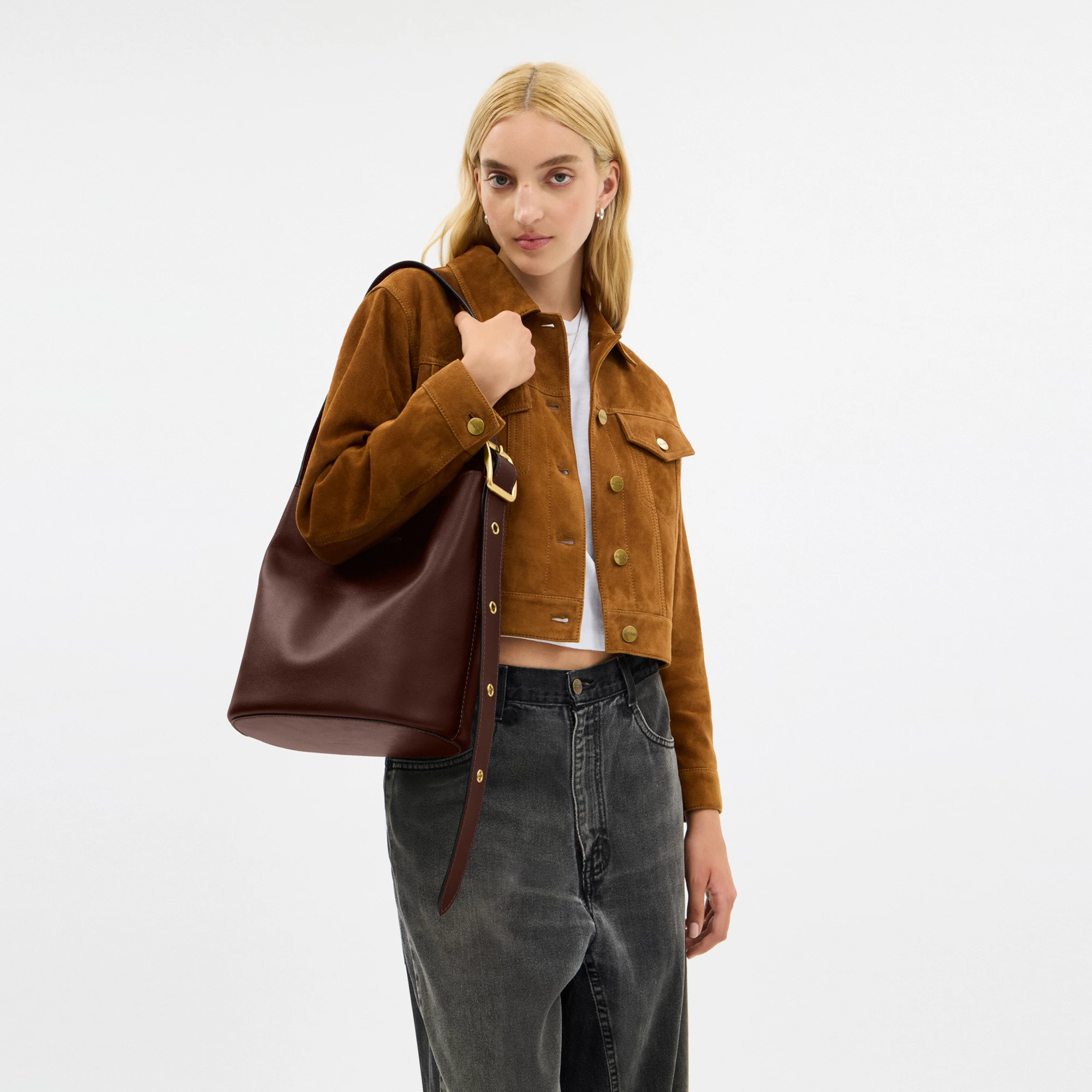 COACH®,Bleecker Bucket Bag,Leather,Bucket,Adjustable,Gold Metal,Casual,Brown,Detail View