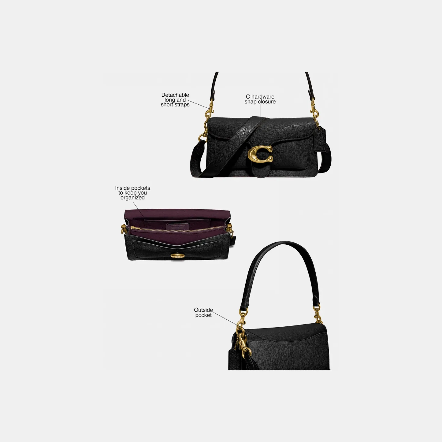 COACH®,Tabby Shoulder Bag 26,Leather,Shoulder Bag,Crossbody,Logo,Gusset,Gold Metal,Casual,Black