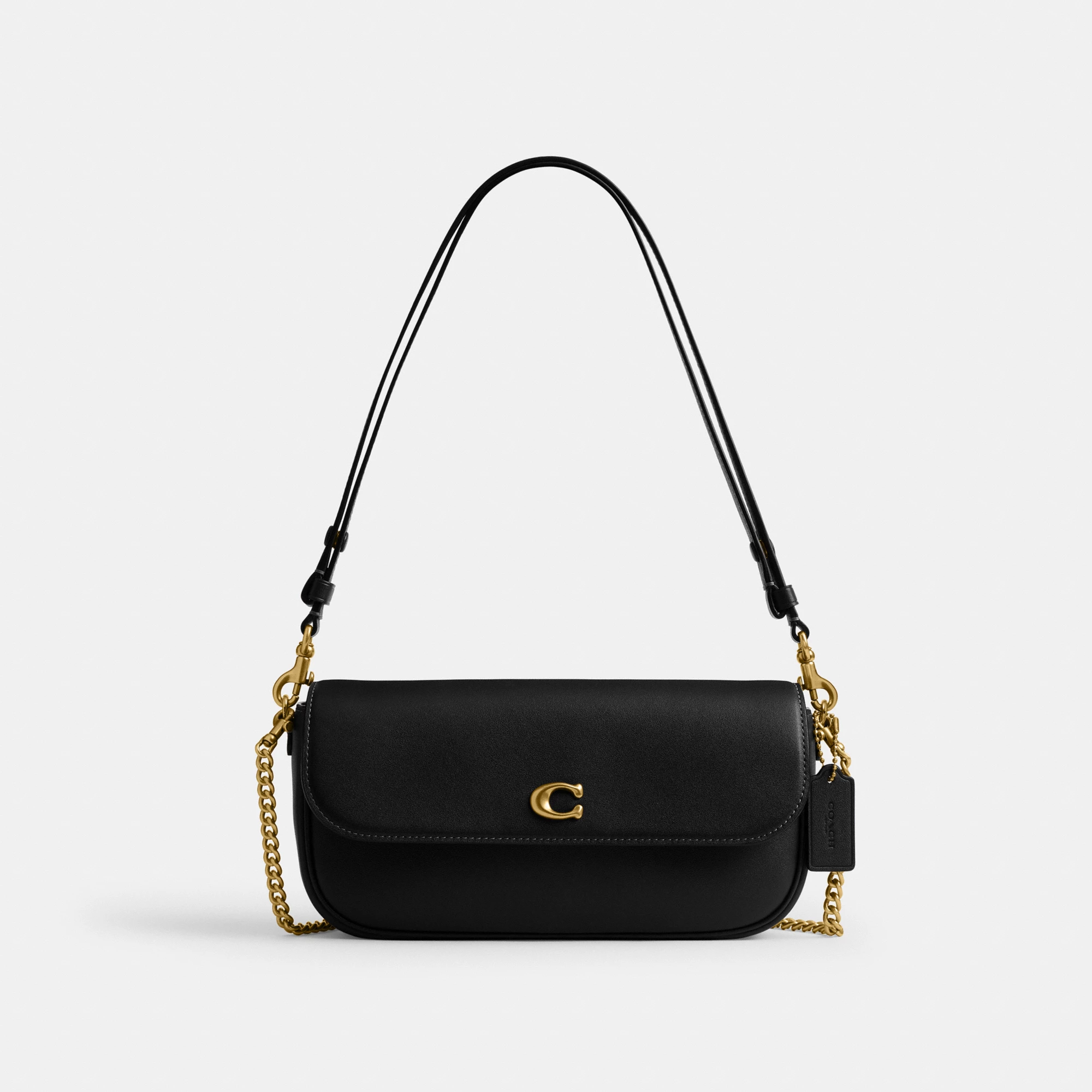 COACH®,Brook Flap Chain Bag,Calfskin Leather,Leather,Fabric,Shoulder Bag,Logo,Metal,Compact,Adjustable,Shoulder Guard,Gold...,Black,Front View