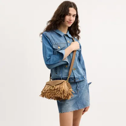 COACH®,Tabby Shoulder Bag 26,Crossbody,Shoulder Bag,Straw,Logo,Fringe,Brass,Casual,Beige