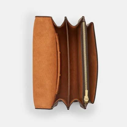 COACH®,Mini Klare Crossbody Bag,Calfskin Leather,Leather,Fabric,Crossbody,Embellished,Compact,Lined,Gold Metal,Day Party,Brown,Inside View,Top View