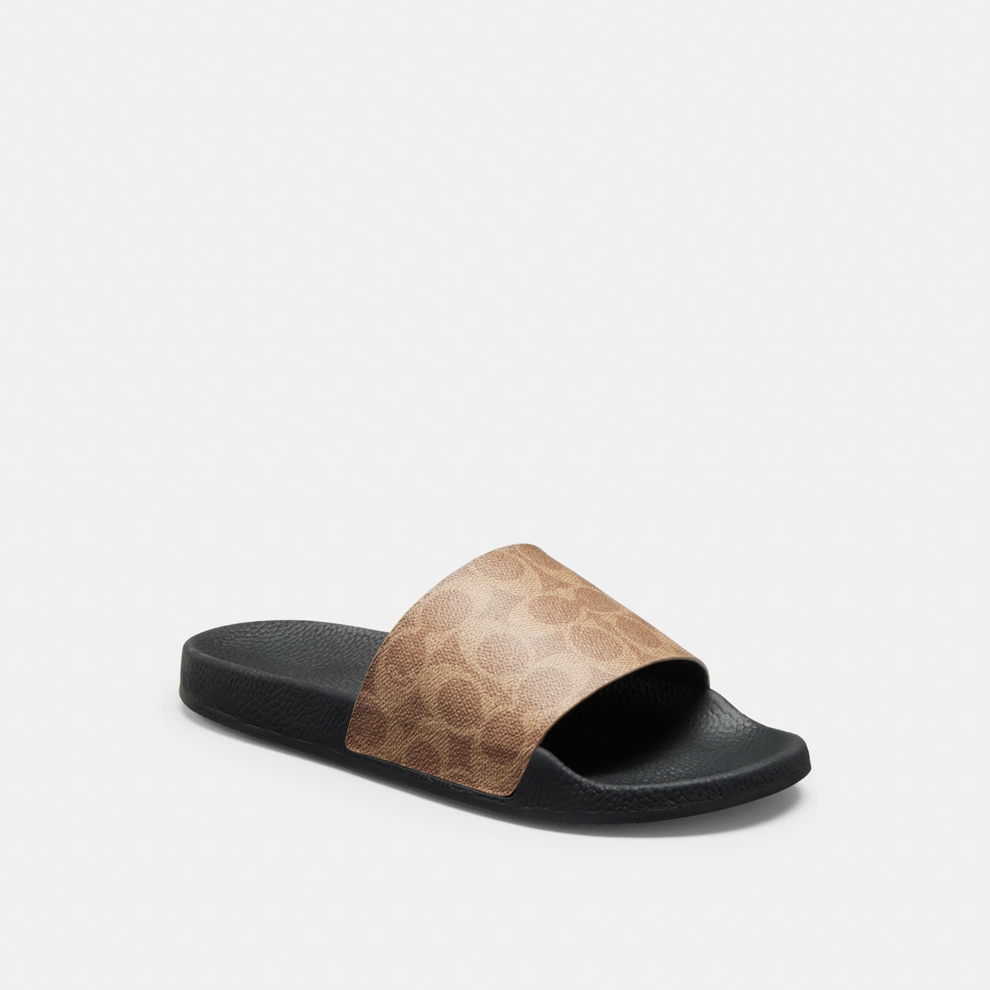 COACH®,Udele Sport Slide In Signature Canvas,Canvas,Rubber,EVA,Slides,Plastic,Word Embellishment,Logo,Pull Tab,Casual,Brown,Front View