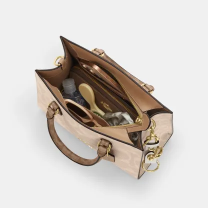 COACH®,Maggie Small Tote Bag In Blocked Signature Canvas,Leather,Canvas,Satchel,Casual,Beige,Inside View,Top View