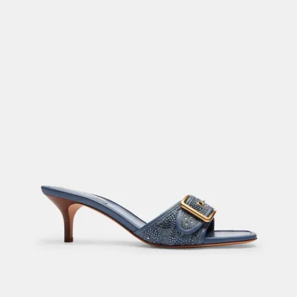 COACH®,Margot Sandal In Crystal Signature Denim,Leather,Denim,Cotton,Sandals,Fabric,Crystal,Embellished,Metal,Sustainable,...,Blue,Angle View