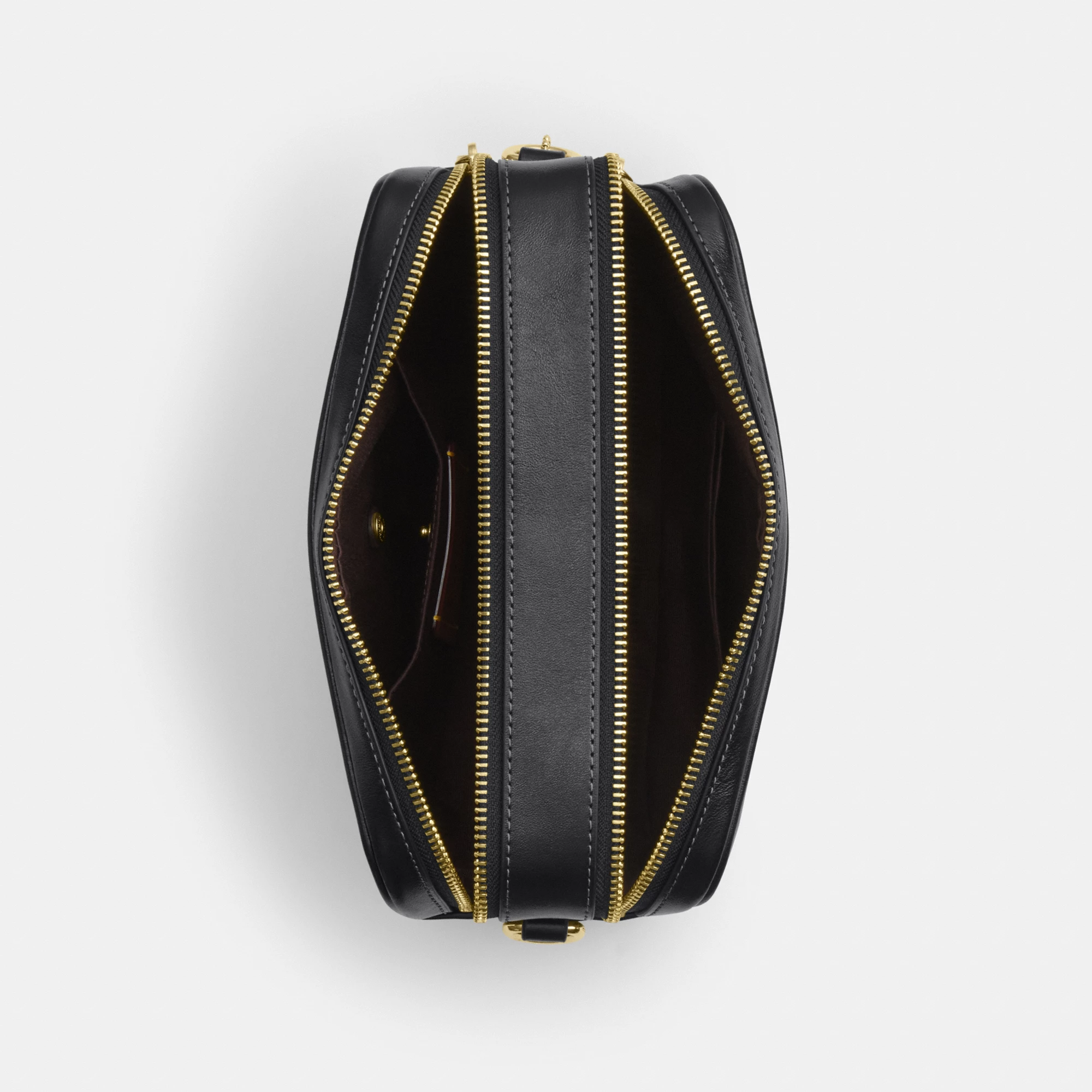 COACH®,Carey Crossbody Bag,Recycled Polyester,Leather,Camera Bag,Metal,Logo,Adjustable,Lined,Gold Metal,Casual,Black,Inside View,Top View